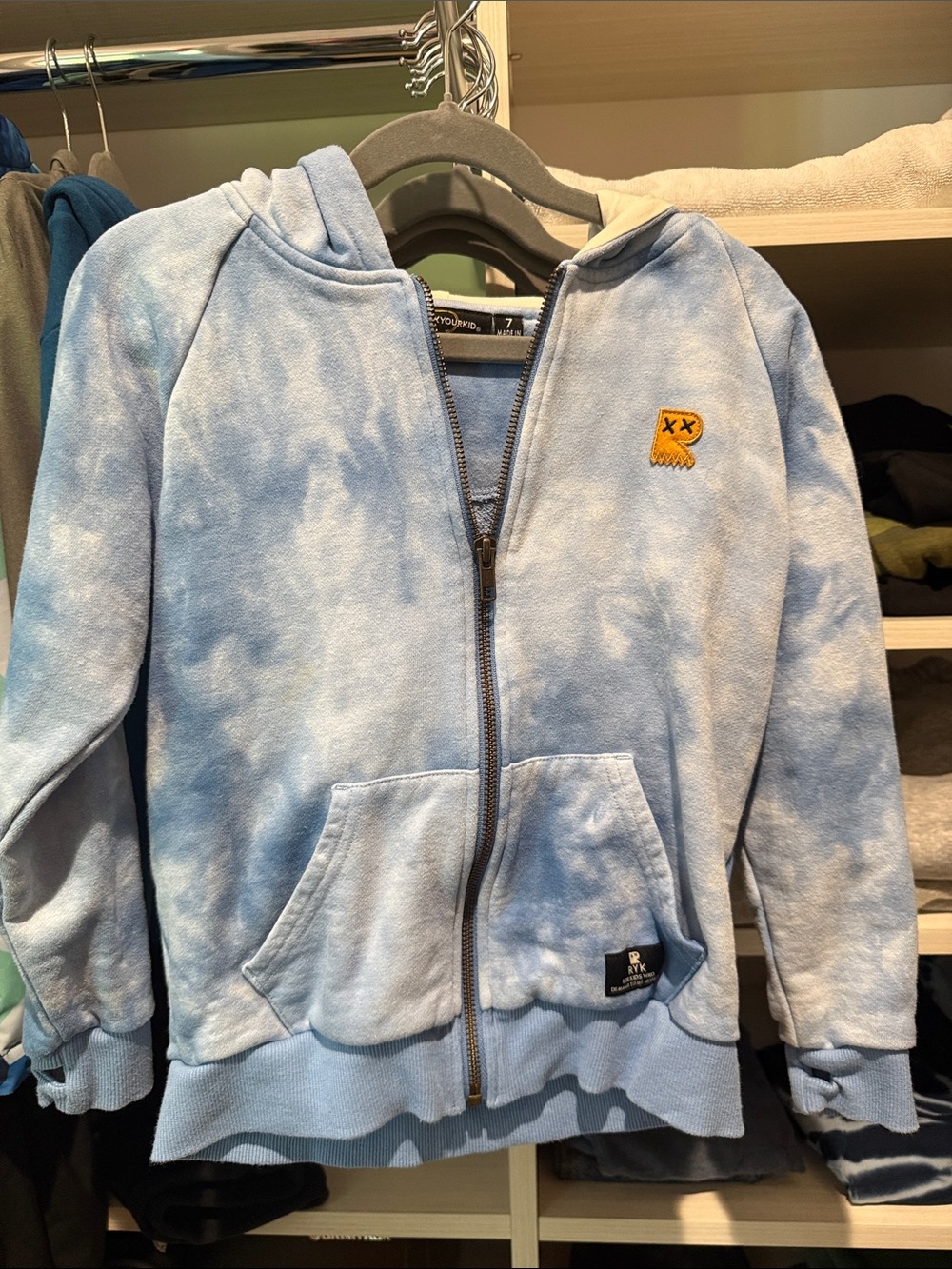 Kids Light Blue Tie-Dye Zip Hoodie with Yellow Monster Patch